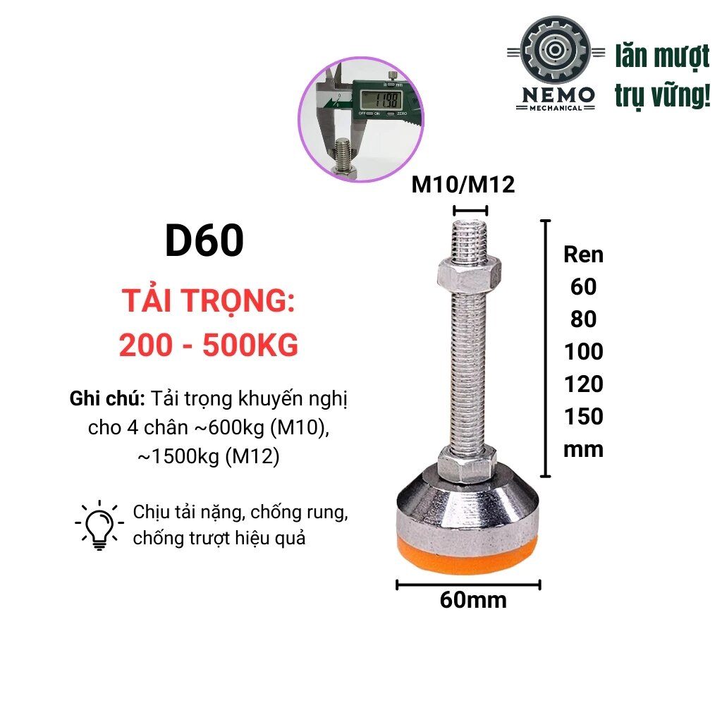 Chân tăng chỉnh chịu lực, D40-D60, M10-M12, tải trọng 200-500kg, đệm nhựa PVC
